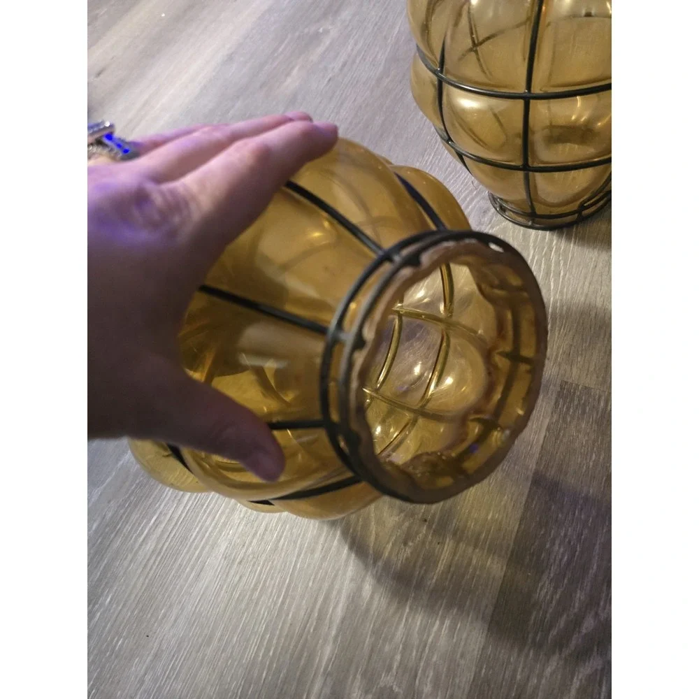 Set Of 2 Vintage Caged Glass Amber Blown Lamp Globe Shade Estate Find